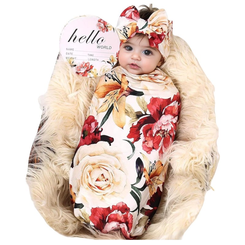 Galabloomer Receiving Blanket Headband Set Flower Print Baby Swaddle Blankets - Image 1